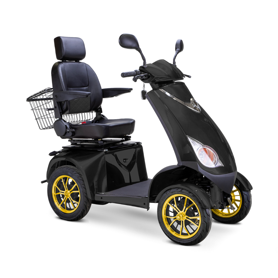 The Bespoke Platinum Recreational 4-Wheel Scooter with Electric Brake Assist features a black frame, yellow-rimmed wheels, high-performance motor, cushioned seat with armrests and headrest, rearview mirrors, and a rear metal basket.